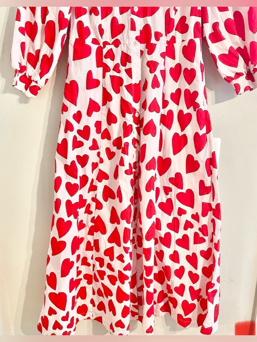Boden Clara Red Heart-Print Button-Front Maxi Dress Tie Waist Sz US 4R UK 8R- EU - Picture 5 of 14